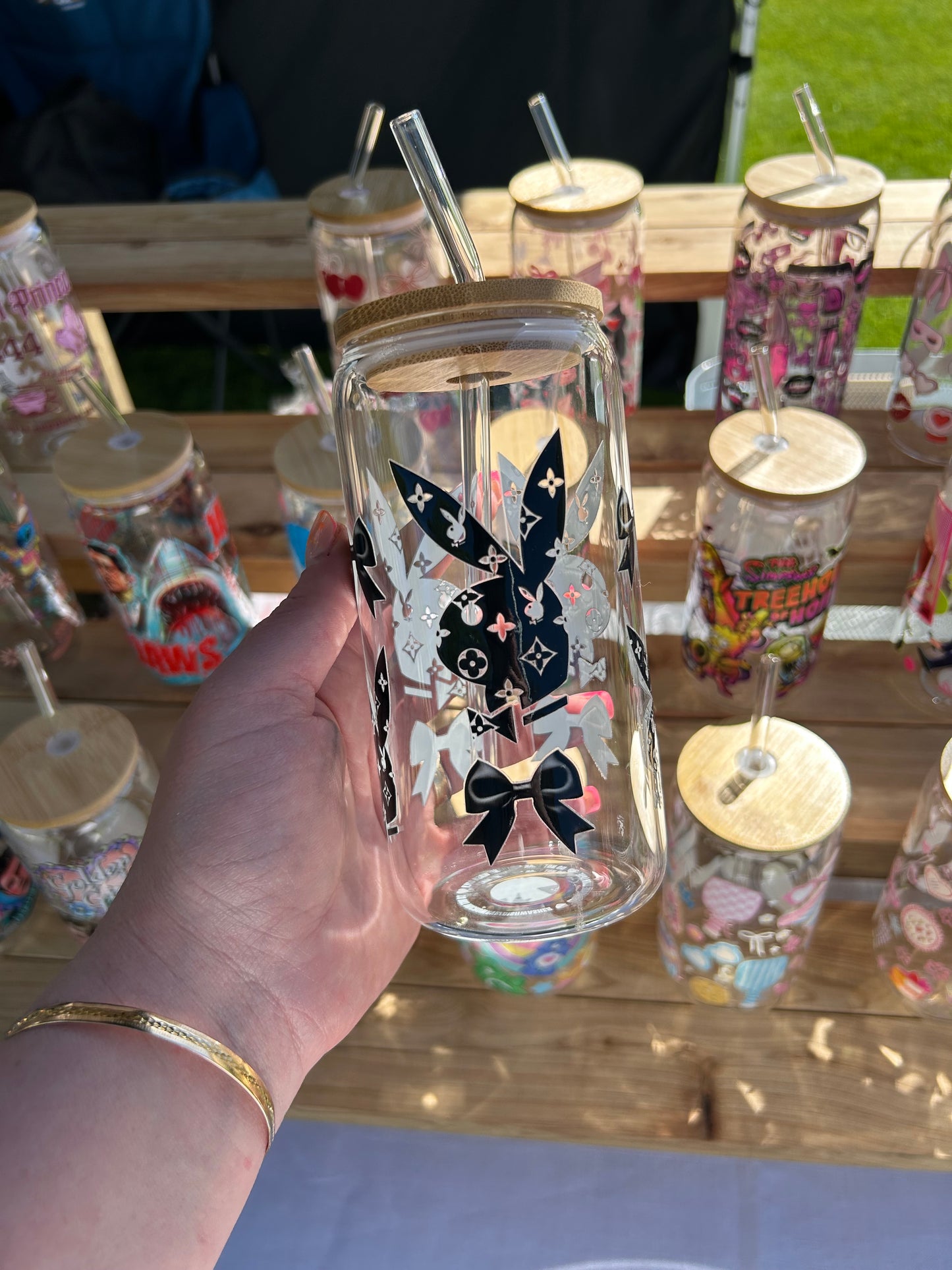 Play bunny  - 16oz Glass Cup w/Bamboo Lid & Glass Straw