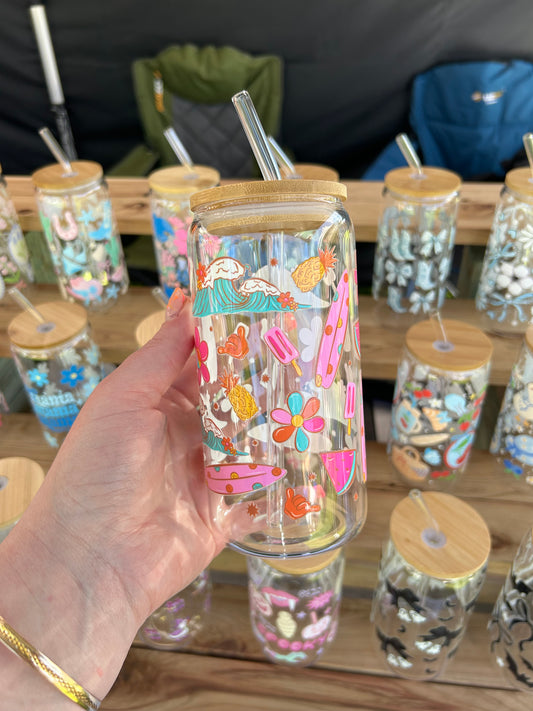 Beach Babe - 16oz Glass Cup w/Bamboo Lid & Glass Straw