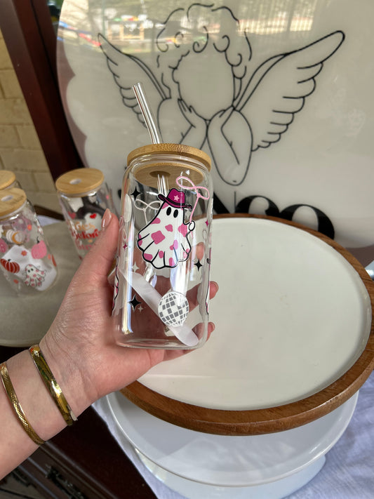 Cowgirl Ghosts Glass Cup W/bamboo lid & glass straw