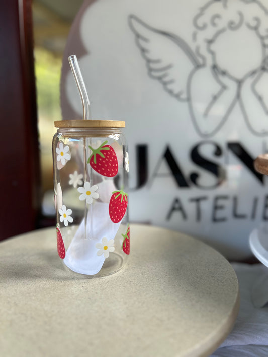 Strawberry Glass Cup W/bamboo lid & glass straw