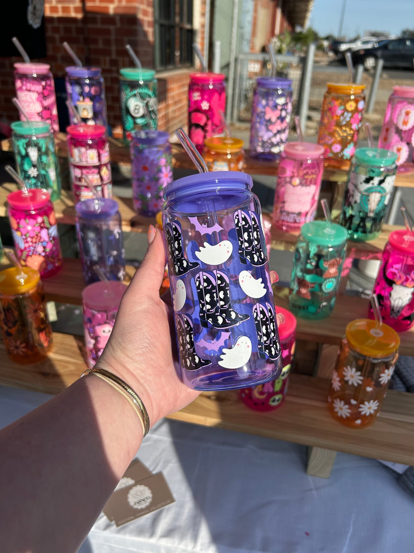 Purple Spoopy Boots - 16oz Glass Cup w/Bamboo Lid & Glass Straw