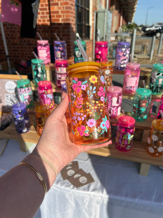 Yellow Floral - 16oz Glass Cup w/Bamboo Lid & Glass Straw