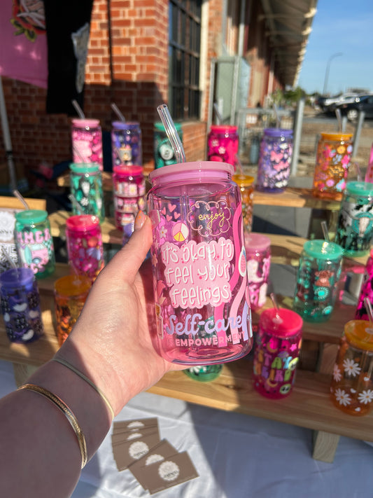 Pink Positivity - 16oz Glass Cup w/Bamboo Lid & Glass Straw