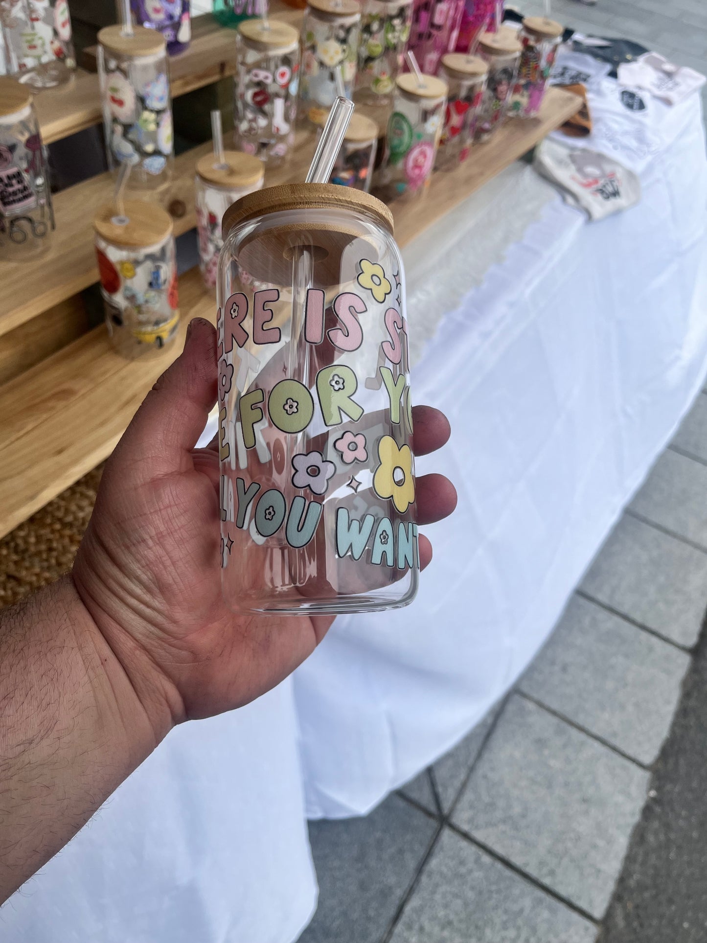 Positivity Glass Cup W/bamboo lid & glass straw