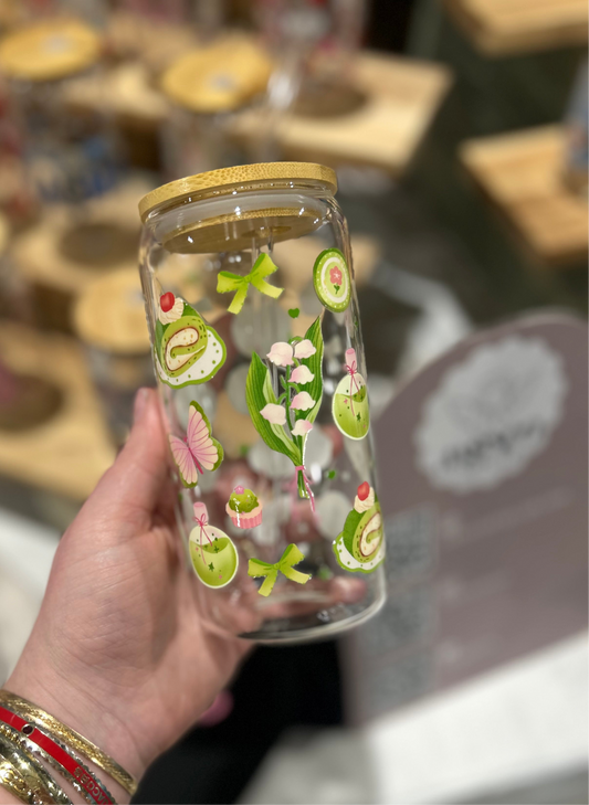 Clear Glass Cup with matcha girly and floral printed design with bamboo lid