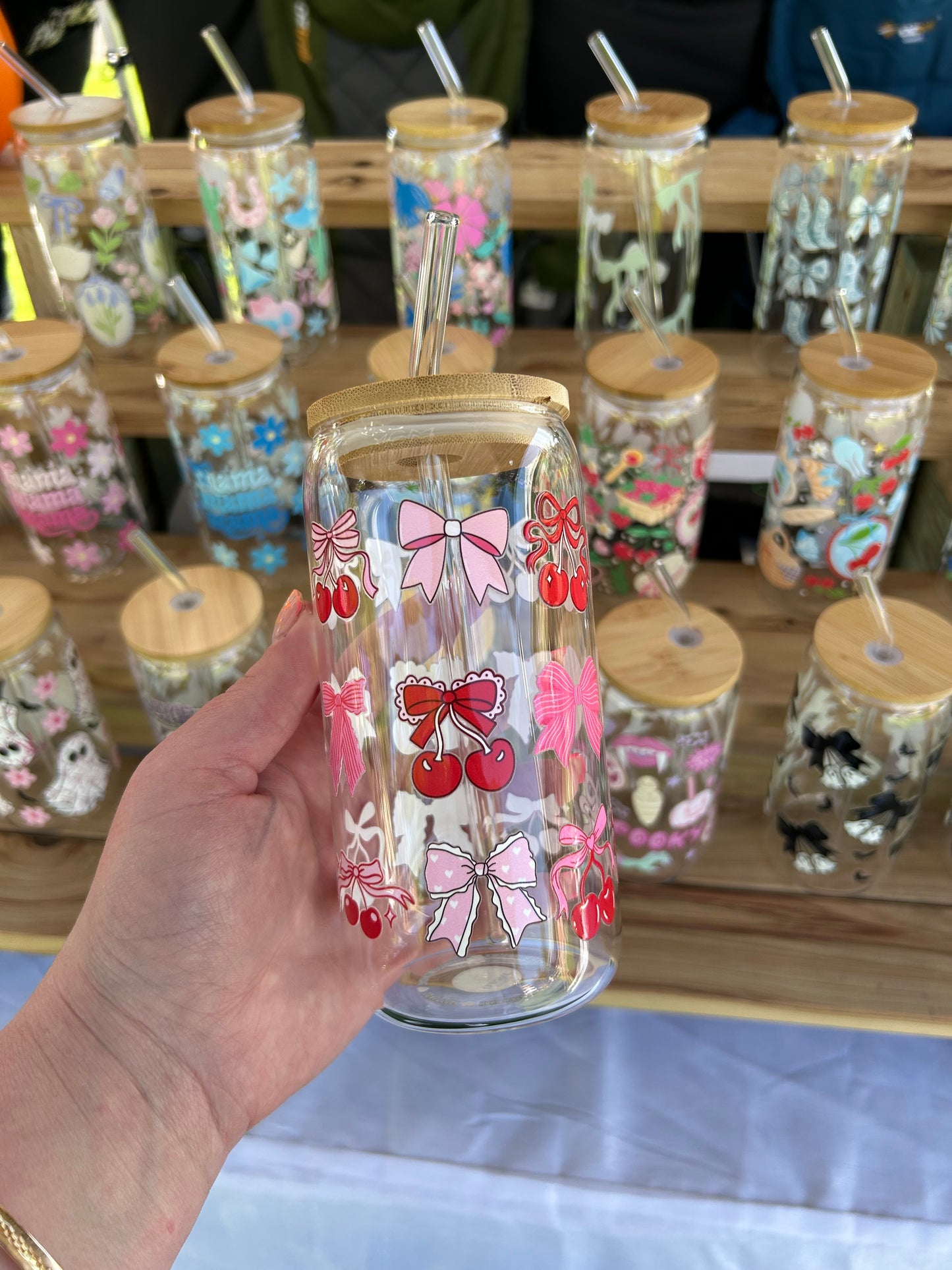 Cherry Coquette - 16oz Glass Cup w/Bamboo Lid & Glass Straw