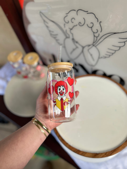 Retro Maccas Glass Cup W/bamboo lid & glass straw