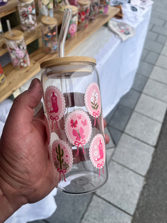 Country Coquette Glass Cup W/bamboo lid & glass straw