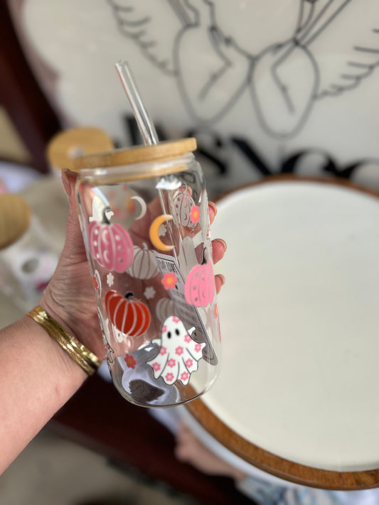 Pumpkin Spiced Ghosts Glass Cup W/bamboo lid & glass straw