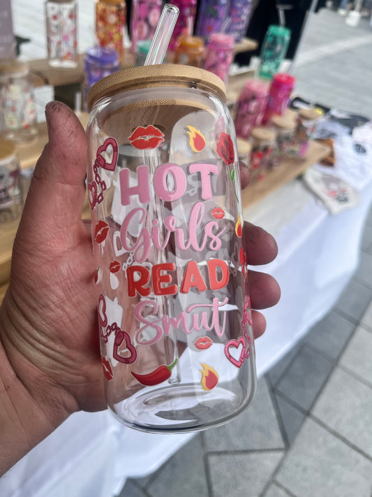 Hot Girls Read Smut Glass Cup W/bamboo lid & glass straw