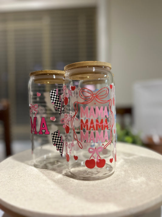 Cherry Mama Glass Cup W/bamboo lid & glass straw