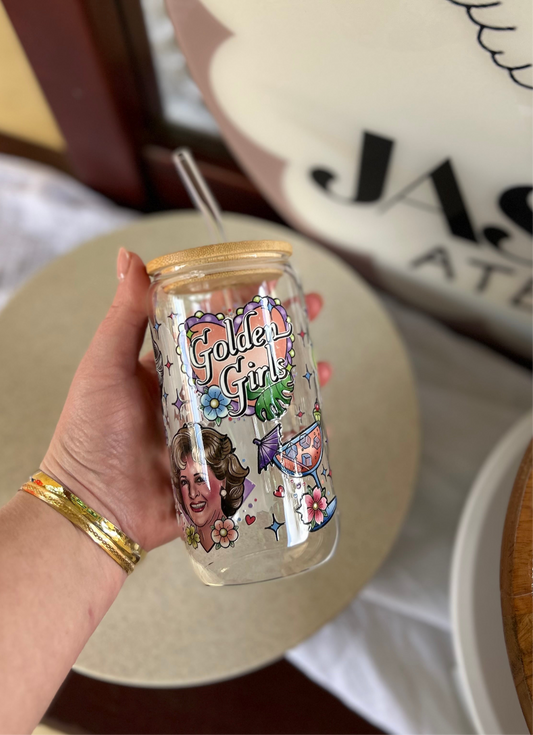 Golden Girls Glass Cup W/bamboo lid & glass straw