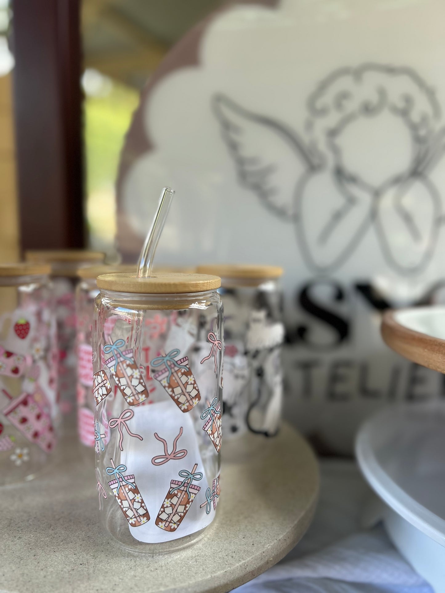Iced Latte Glass Cup W/bamboo lid & glass straw