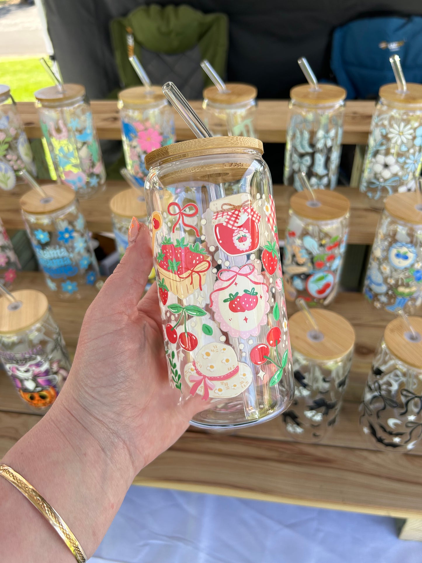 Strawberry Jam - 16oz Glass Cup w/Bamboo Lid & Glass Straw