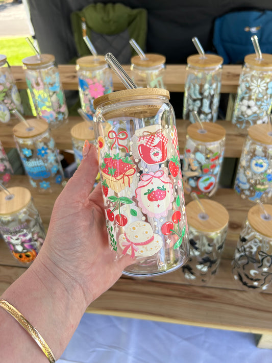 Strawberry Jam - 16oz Glass Cup w/Bamboo Lid & Glass Straw