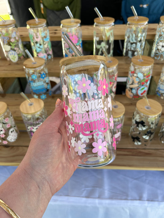 Pink Mama - 16oz Glass Cup w/Bamboo Lid & Glass Straw