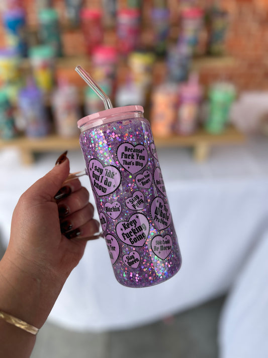 Bitchy Handled Double Walled Glass Cup W/ lid & straw