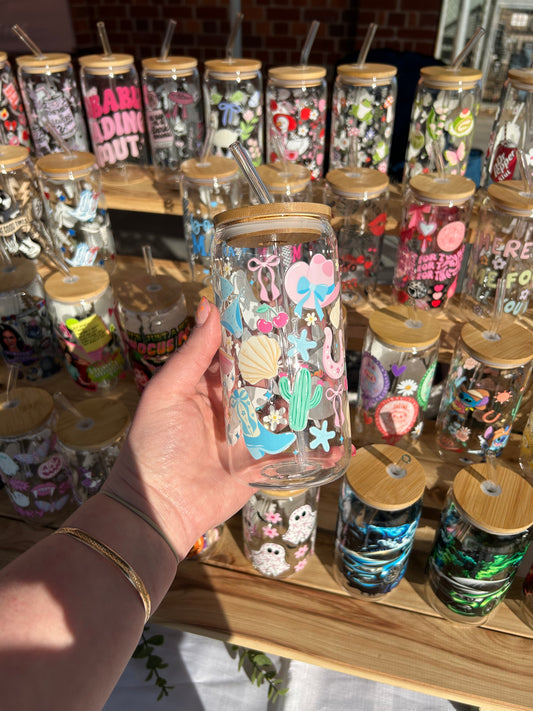 Summer Cowgirl - 16oz Glass Cup w/Bamboo Lid & Glass Straw