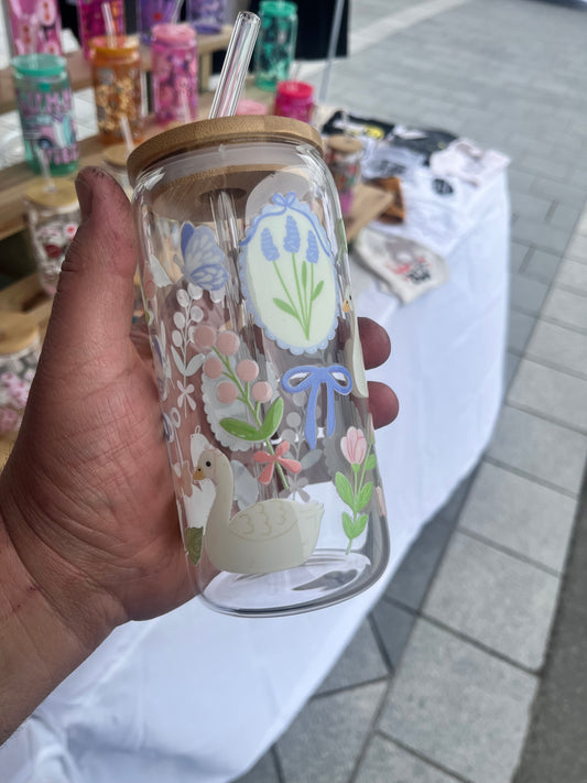 Sweet Swan Glass Cup W/bamboo lid & glass straw