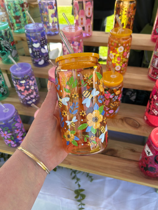 Yellow Bees - 16oz Glass Cup w/Plastic Lid & Glass Straw