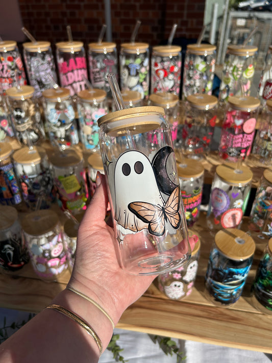 Spoopy Ghosts - 16oz Glass Cup w/Bamboo Lid & Glass Straw