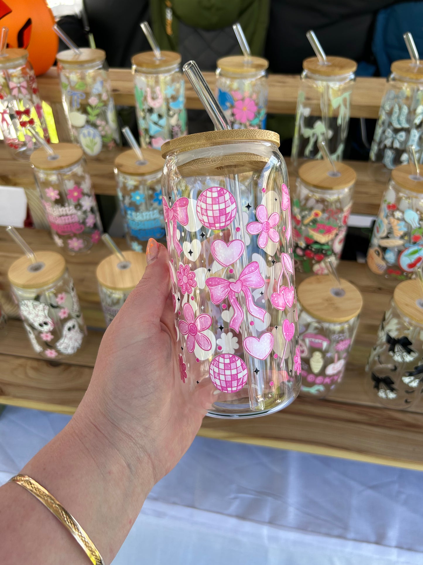 Pink Disco - 16oz Glass Cup w/Bamboo Lid & Glass Straw