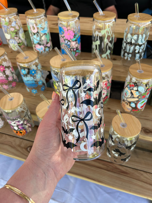 Bats & Bows - 16oz Glass Cup w/Bamboo Lid & Glass Straw
