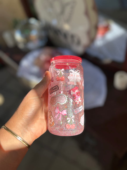 Girly Pink Glass Snowglobe Tumbler