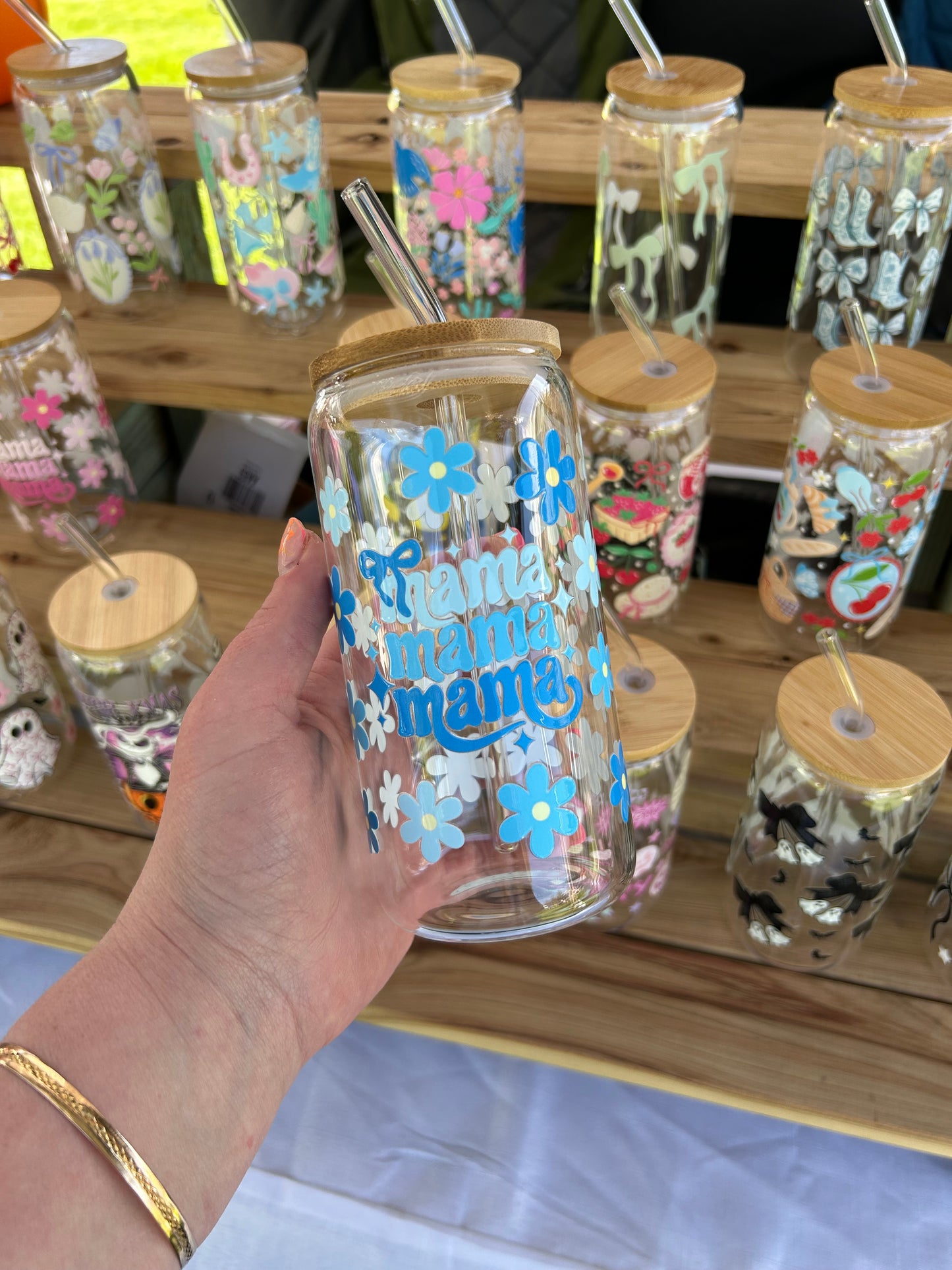 Blue Mama - 16oz Glass Cup w/Bamboo Lid & Glass Straw