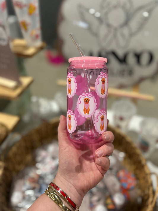 Custom Printed Golden Retriever Pink Glass Cup
