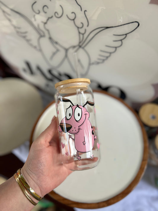 Courage the Cowardly Dog Glass Cup W/bamboo lid & glass straw