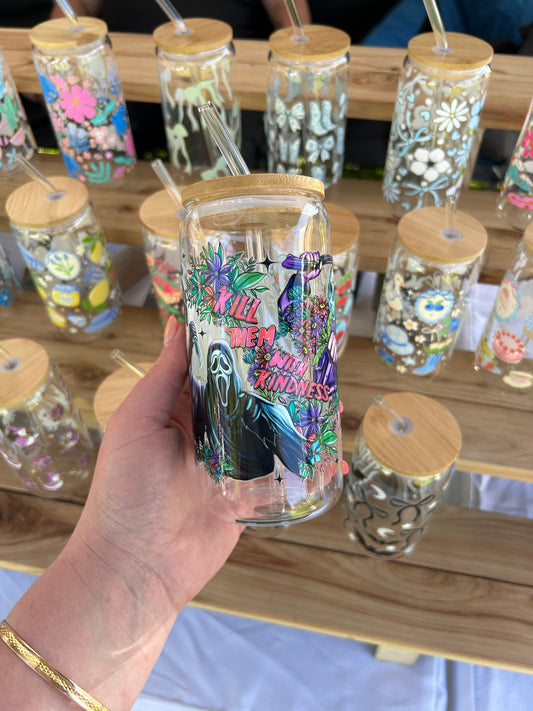 Kill em with Kindness - 16oz Glass Cup w/Bamboo Lid & Glass Straw