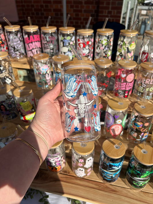 Cute Cowgirl - 16oz Glass Cup w/Bamboo Lid & Glass Straw