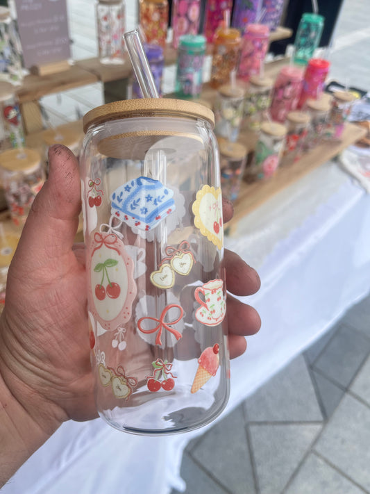 Coquette Cherry Glass Cup W/bamboo lid & glass straw