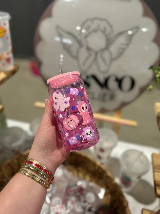 Cute Spooky Ghost Pink Glass Can