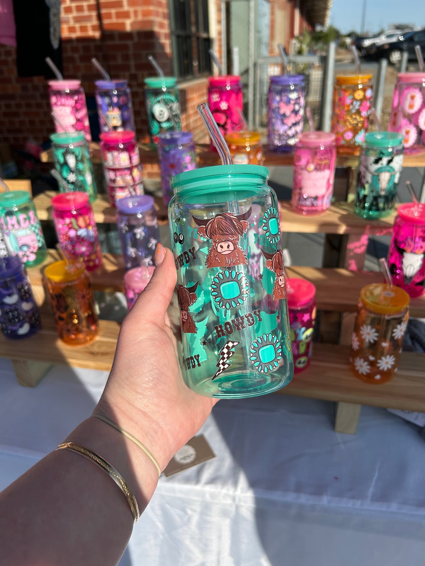 Teal Highland Cows - 16oz Glass Cup w/Bamboo Lid & Glass Straw