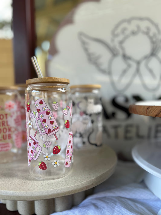 Strawberry Stanley Glass Cup W/bamboo lid & glass straw