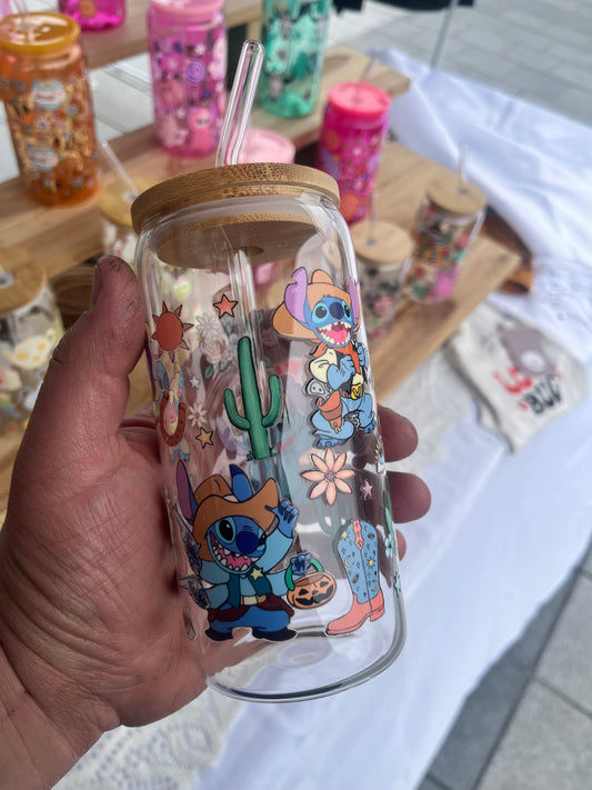 Cowboy Stitch Glass Cup W/bamboo lid & glass straw