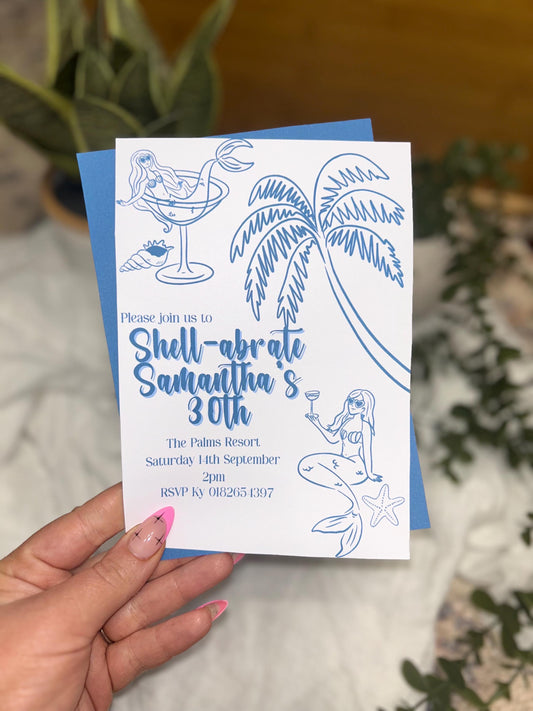 Shell-abrate Birthday Invitation - Blue Tropical Beach theme ladies invites 30th 21st theme birthday surprise party e-invite editable custom