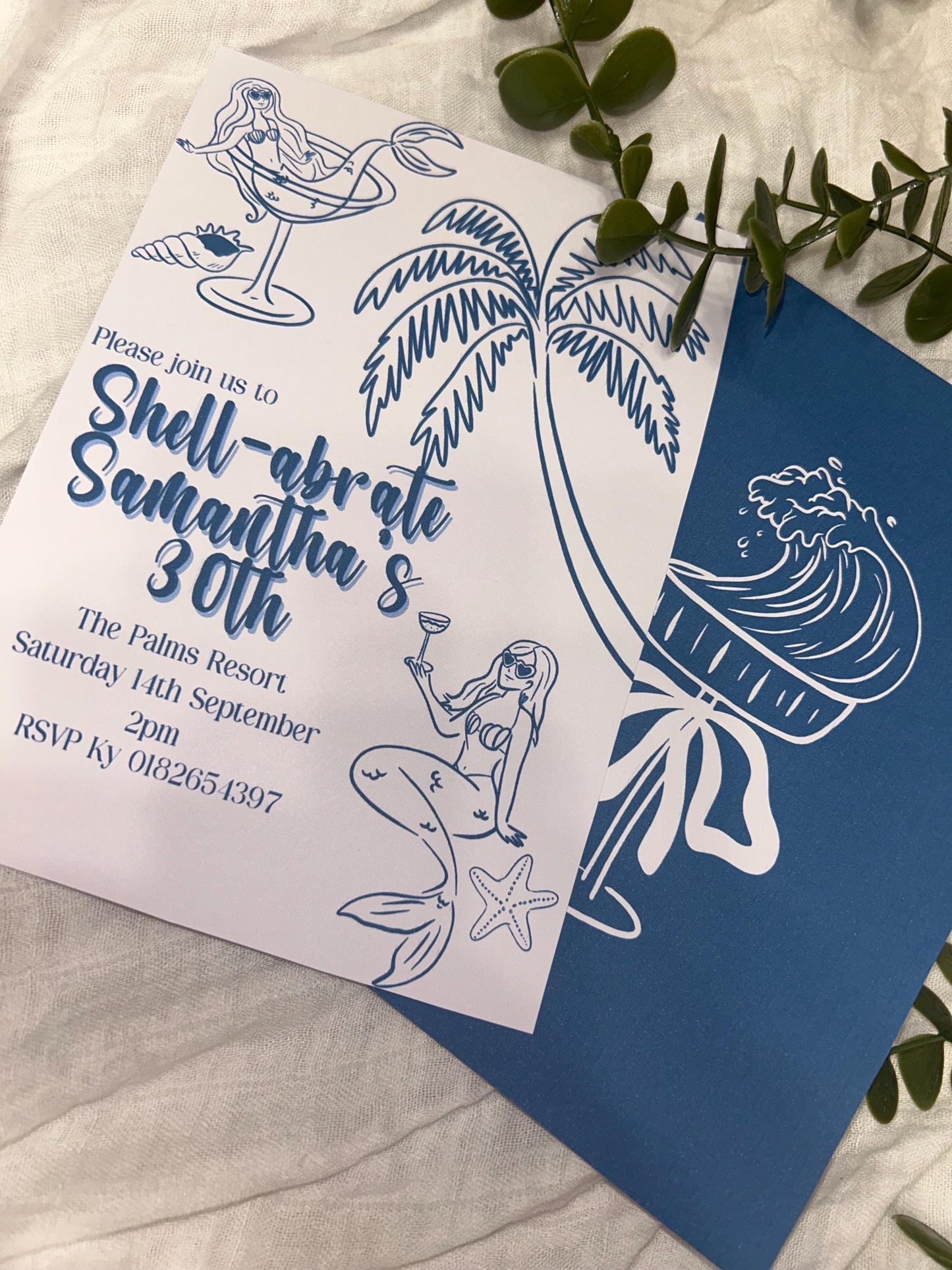 Shell-abrate Birthday Invitation - Blue Tropical Beach theme ladies invites 30th 21st theme birthday surprise party e-invite editable custom