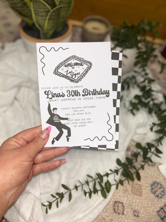 Elvis 30th 21st Ladies or Mens Birthday Invitation What happens in Vegas Viva Las Vegas Party, Casino Gambler Rock n Roll Theme Party Invite