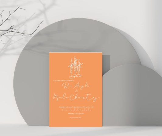 Modern Minimalist Wedding Invitation Orange Bright Simple Sleek Chic Elegant Elopement Party Reception Engagement Invite Eloping Candlestick