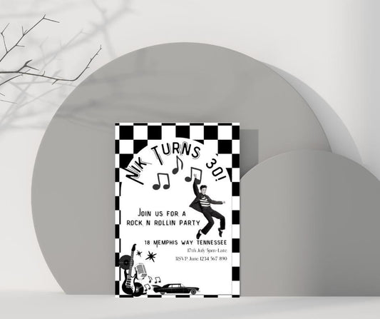 30th Birthday Invitation Rock n Roll Party Invite Musical thirty editable downloadable black white canva template 30 Elvis Vegas 1995 95 30s