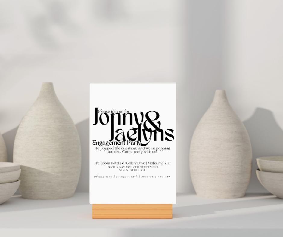 Funky Modern Engagement Party Invitations Simple black white fresh elegant chic script invites wedding event invitation bride groom to be