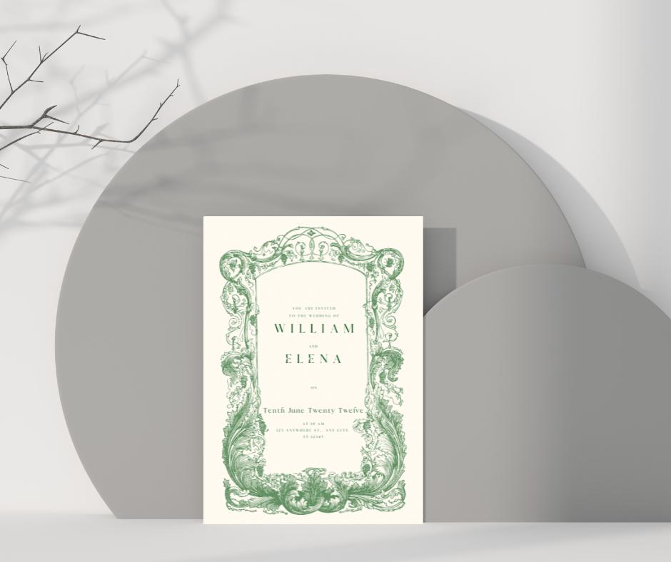 Baroque Classy Wedding Invitation Filigree Lace Green Elopement Bridal Elegance Royal Design Invite Template Digital Download Elegant Fancy