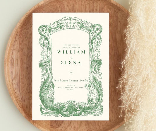 Baroque Classy Wedding Invitation Filigree Lace Green Elopement Bridal Elegance Royal Design Invite Template Digital Download Elegant Fancy