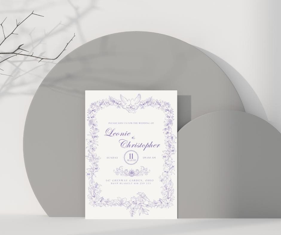 Baroque Classy Wedding Invitation Dove Lily Purple Elopement Bridal Elegance Royal Design Invite Template Digital Download Elegant Fancy