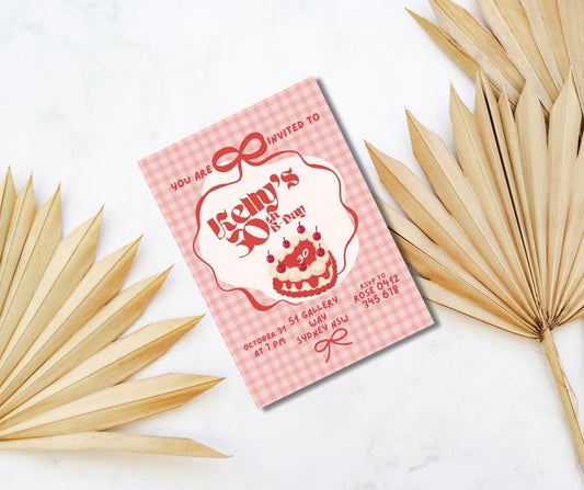 30th Birthday Invitation Cute Girly Cherry Cake Picnic Plaid Pretty Birthday Party Invitation Event Party Invite Milestone Millennial 1995
