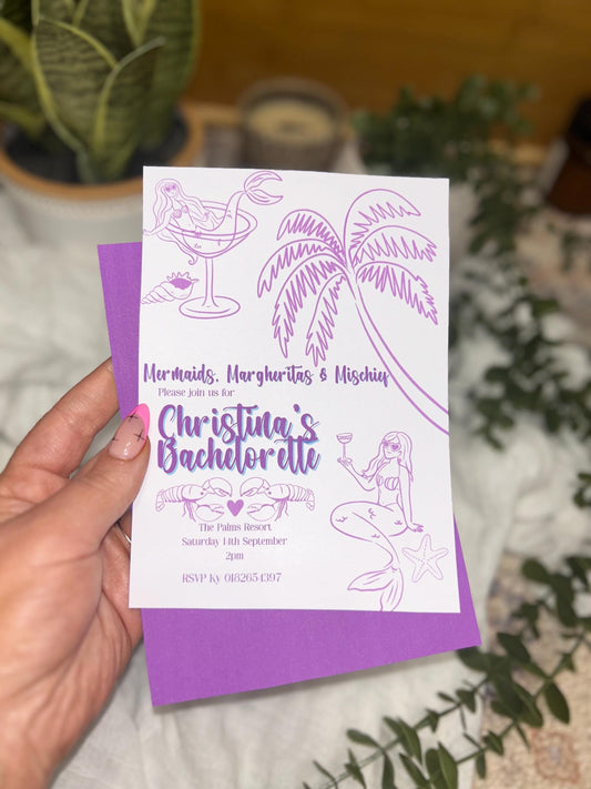 Mermaid Bachelorette Invitation - Purple Tropical Party Invite | Editable Canva Template | Instant Download