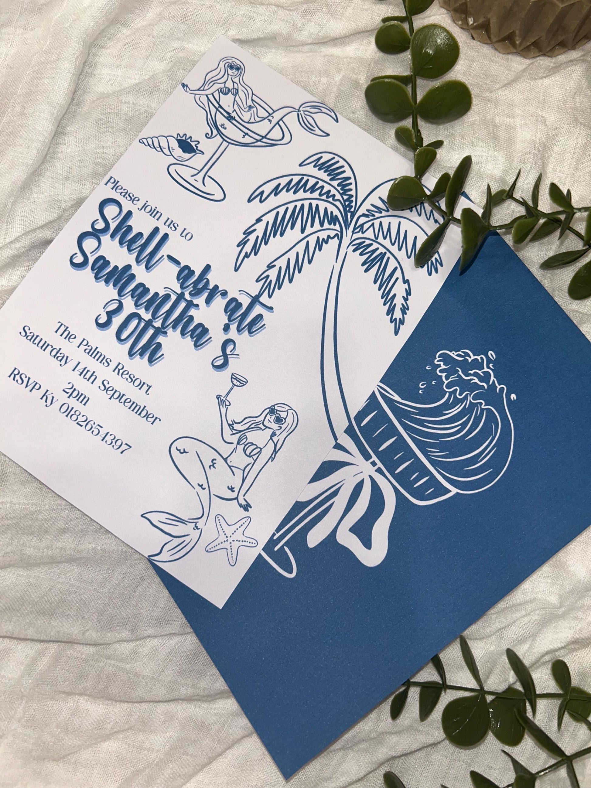 Shell-abrate Birthday Invitation - Blue Tropical Beach theme ladies invites 30th 21st theme birthday surprise party e-invite editable custom
